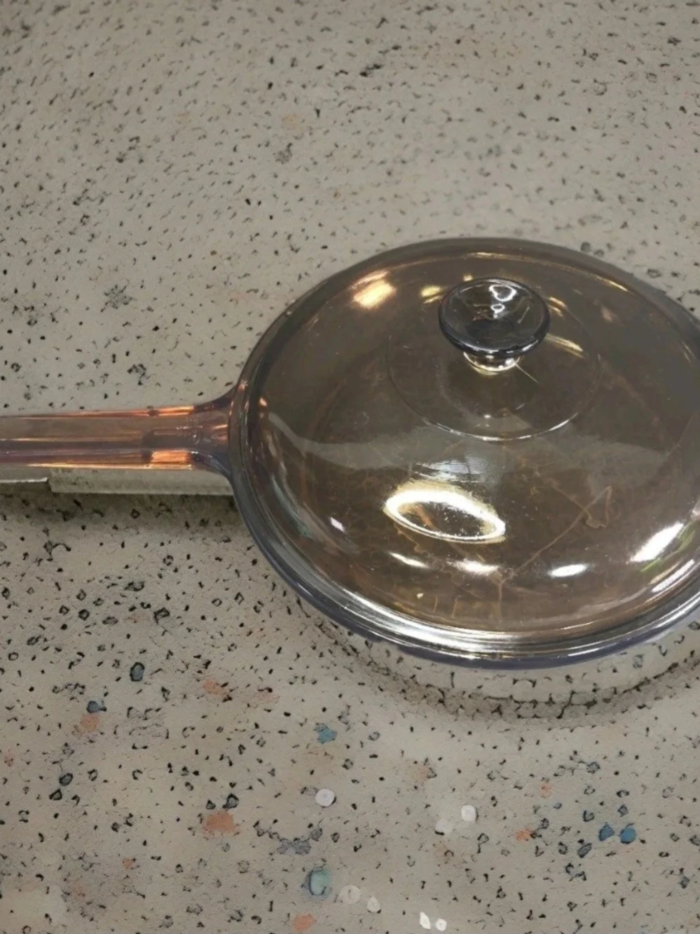 Pyrex Clear Glass 10in Skillet waffle bottom with Lid Amber-Tinted Handle